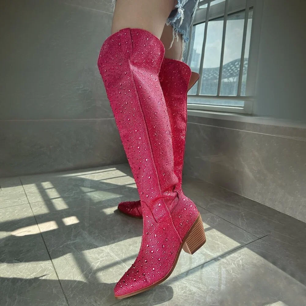 Women Hot-pink Faux Leather Sparkly Bling Rhinestone Over the Knee Cowboy Boots